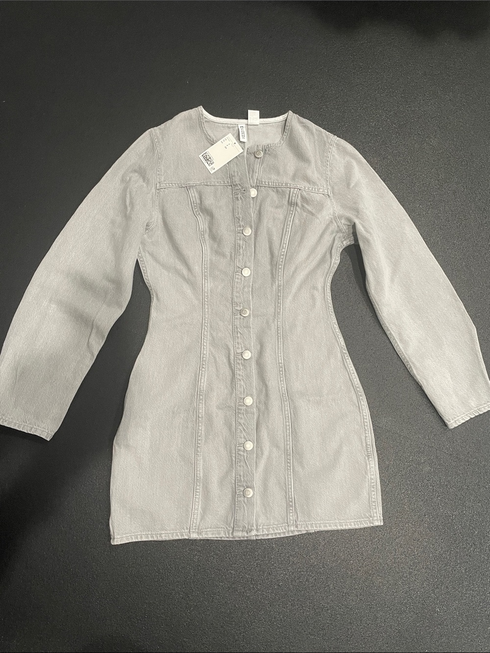 Long-Sleeve Gray Button-Front Denim Dress